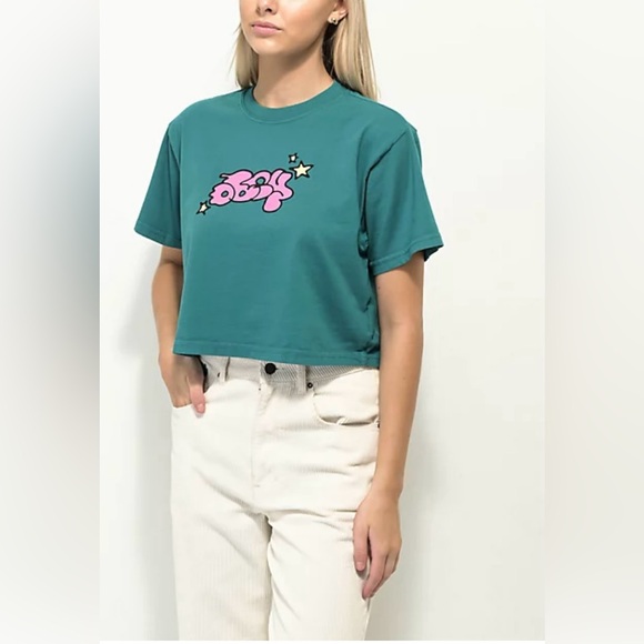 Obey Bubble And Stars Teal Cropped Short Sleeved T-Shirt Size Small - Picture 3 of 3